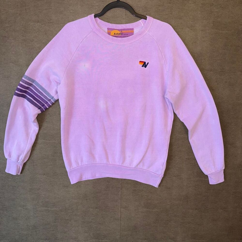 Aviator Nation purple crewneck sweatshirt with stripes on the sleeve